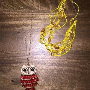 Long owl necklace and short yellow beaded necklace